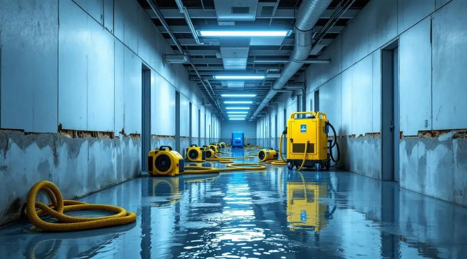 Professional restoration crew using industrial air movers and dehumidifiers in a large King of Prussia commercial office.