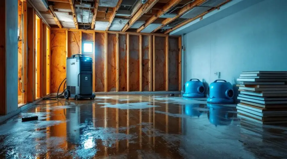 Professional water extraction and structural drying equipment operating in a flooded King of Prussia home basement.