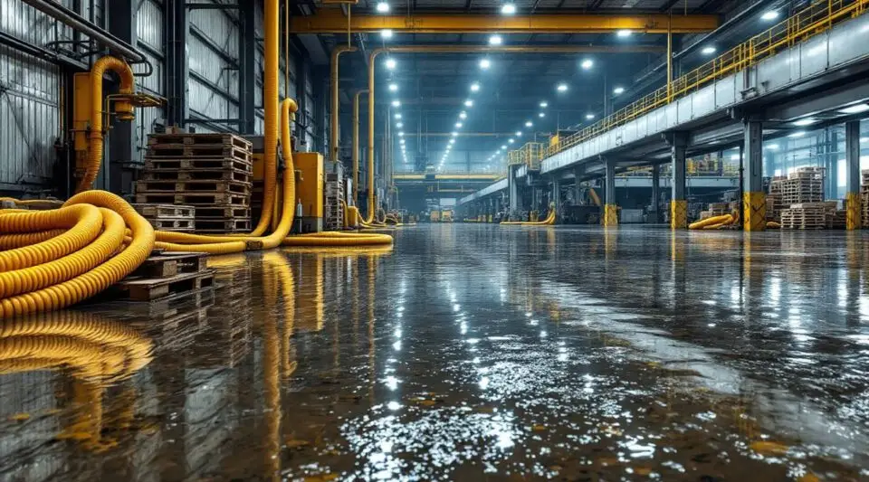 Professional crew using high-capacity water extraction pumps in a flooded King of Prussia warehouse after a storm surge.