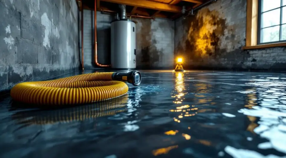 Professional water extraction setup in a King of Prussia basement featuring submersible pumps and heavy-duty suction hoses.