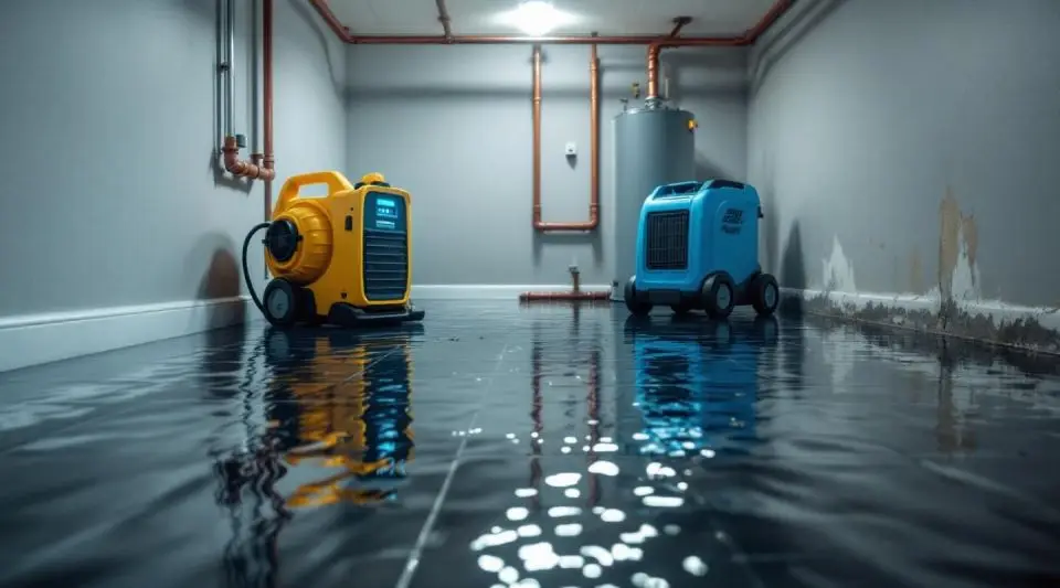 Professional restoration technician using a heavy-duty water extractor on a flooded residential carpet in King of Prussia.